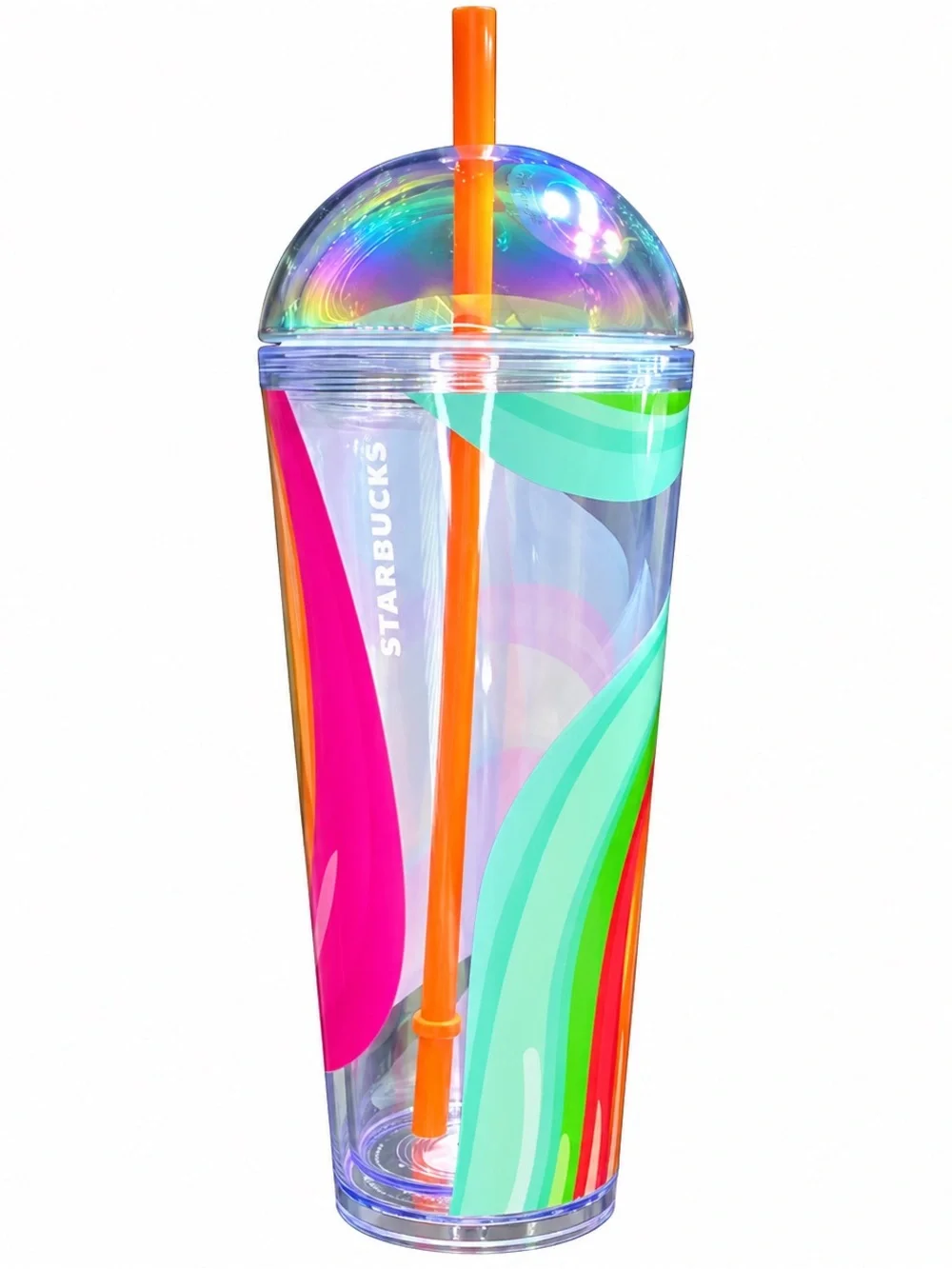 Starbucks 24oz Rainbow Swirl Cold Cup Iridescent Dome Lid Orange Straw NEW
